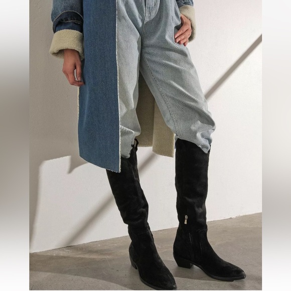 FREE PEOPLE Rue Western Slouch Black Knee High Suede Tall Boots size EU 38 US 8 - Picture 3 of 9